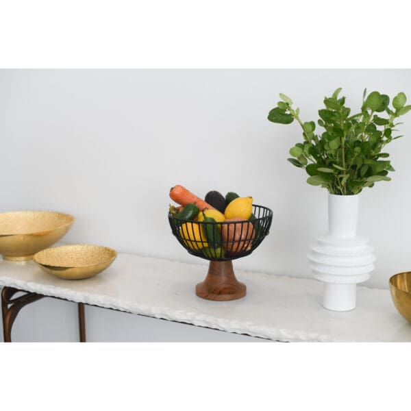 Nordic Acacia Wood and Metal Fruit Bowl - Image 3